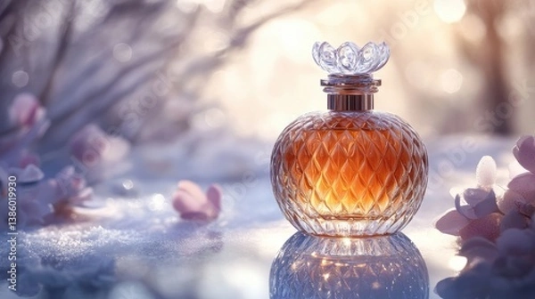 Fototapeta A perfume bottle with a floral design, sitting on a mirrored surface with soft light reflections, on a white background