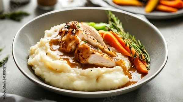 Obraz A bowl of creamy mashed potatoes with gravy and crispy roasted chicken. Featuring comfort and indulgence