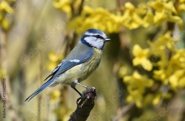 Fototapeta Blaumeise sitzt im Forsythia	