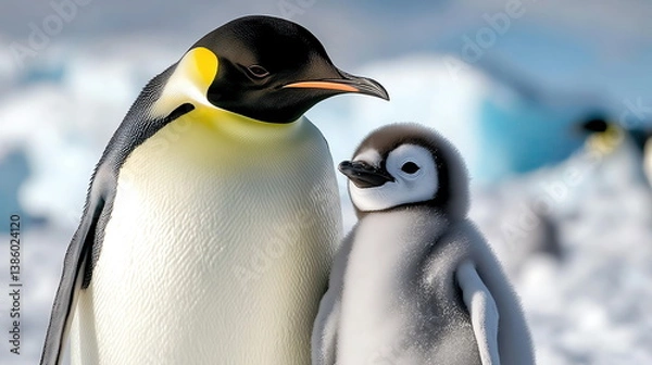Obraz wildlife photography, penguin conservation, antarctica animals, Emperor Penguin and Chick in Icy Antarctic Landscape, Emotional Wildlife Moment Captured in Ultra Realistic Close Up for Educational Use