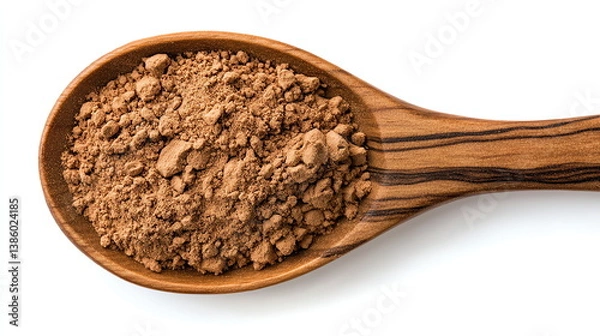 Obraz Natural Powder Ingredients, Goat Milk Powder, Cocoa Powder, Cinnamon, Carob, Malted Barley, and Brown Sugar in a Wooden Spoon