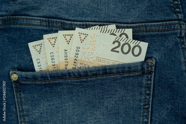 Fototapeta PLN Zloty on the move 800 PLN tucked in denim (jeans), symbolizing the fluid nature of currency, consumption, and market dynamics in a connected world