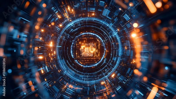 Obraz An AI powered system optimizing quantum computing by analyzing real time algorithm performance and computational resources, futuristic AI-driven quantum computing lab, Quantum technology style