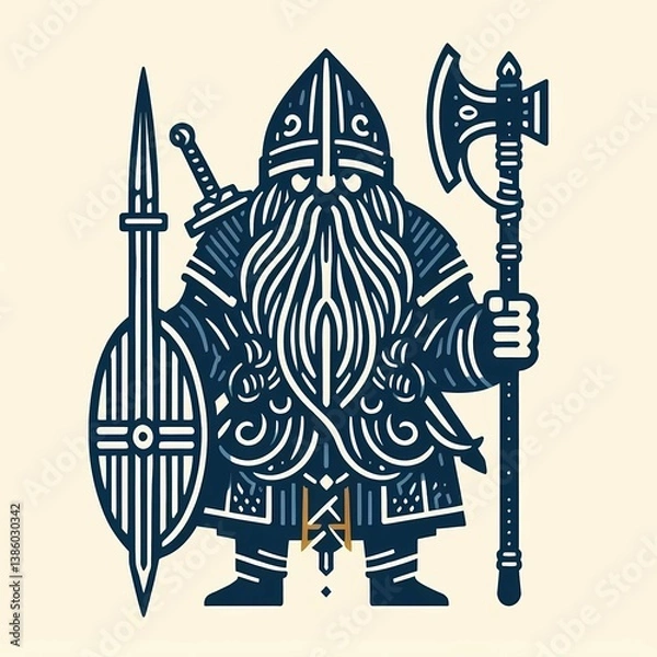 Fototapeta Digital drawing of a Viking warrior with axe and shield in medieval retro style