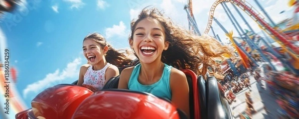Fototapeta Two young girls are experiencing sheer delight on a roller coaster, laughing with pure joy as they soar through the air