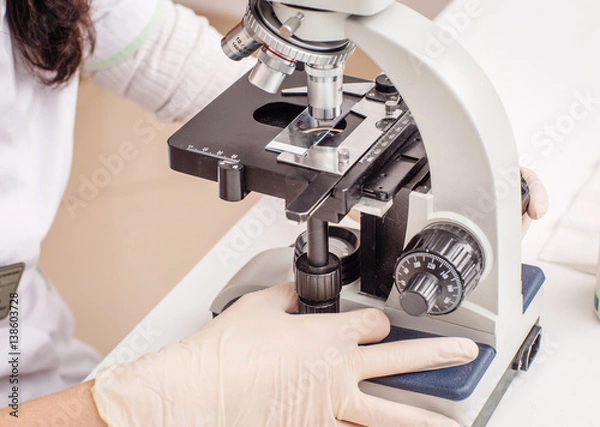 Fototapeta science veterinarian working on microscope. working woman research in lab. medicine, pet, health care and people concept