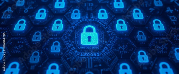 Fototapeta A digital fortress of glowing blue locks safeguarding valuable data in a secure, interconnected network with a hypnotic hexagonal pattern.