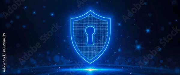 Obraz A glowing digital shield, a symbol of impenetrable online security and data protection, radiates in a deep blue digital space.