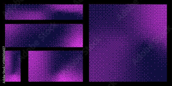 Obraz Pink pixelated bitmap texture background set. Retro pixel art, glitch dither pattern, 8 bit background. Leisure or arcade games duotone border frame. Vector illustration