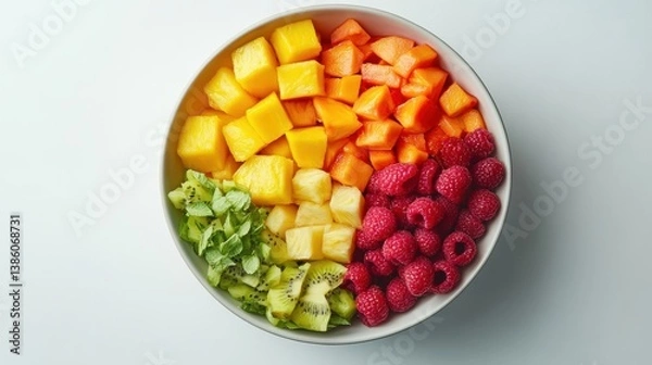 Obraz A bird is eye view of a bowl of mixed tropical fruits with papaya, pineapple, and mango, arranged in a bowl, on a white background