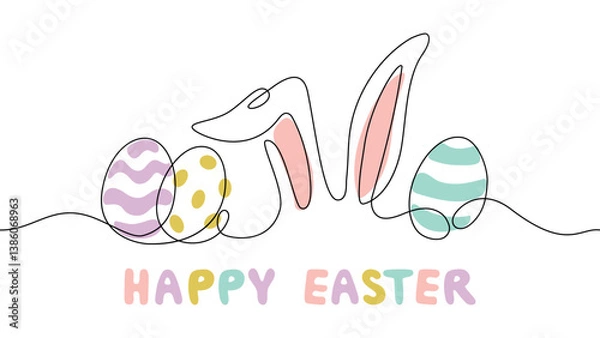 Obraz happy easter banner with hand drawn text and easter eggs line art, isolated vector illustration on white background, modern design for greeting cards,poster,decoration,prints,backdrop