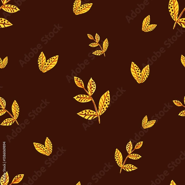 Fototapeta Set of watercolour yellow leaves pattern. Golden autumn leaves in bright background