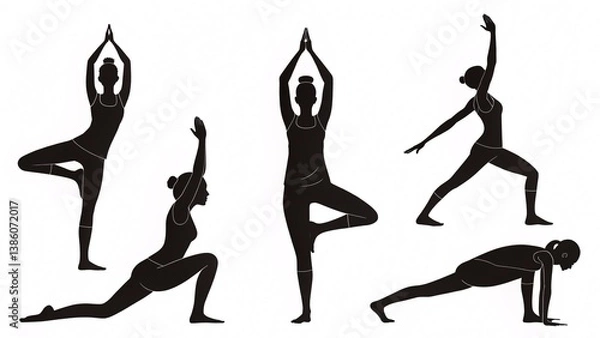 Obraz Minimalist Yoga Pose Silhouette Set – 6 Black Figures