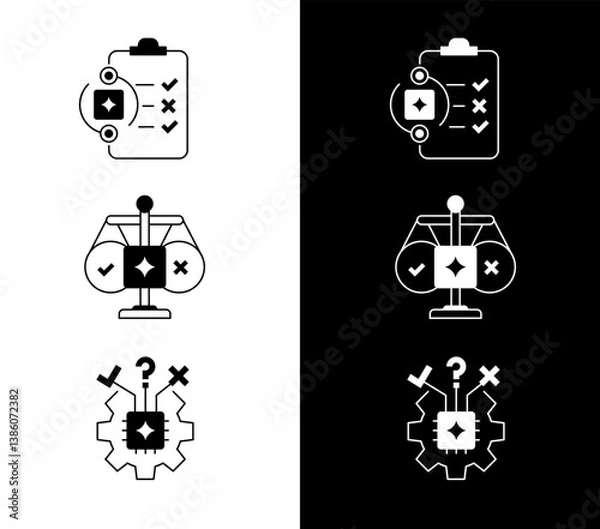 Fototapeta AI Ethics and Decision Intelligence Icons. Automated Evaluation, Ethical Reasoning, Risk Analysis, and Responsible AI Logic. Editable Stroke.