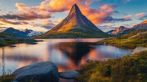 Obraz Photo of mountains in Norway sunse landscape of rocky peaks summer travel beautiful destinations