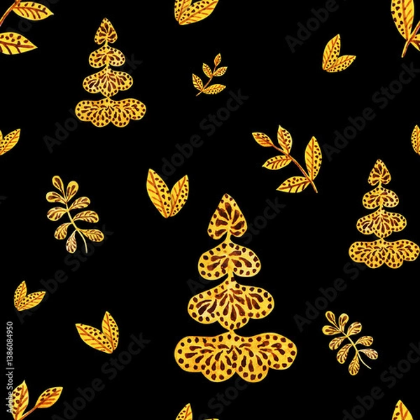 Fototapeta Watercolour autumn leaves ornament pattern. Luxury ornametal painting. Gentle brown seamless illustration