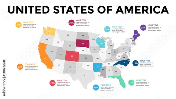 Obraz Plansza mapy USA. Prezentacja slajdów. Stany Zjednoczone Ameryki. Koncepcja marketingu globalnego biznesu. Kolor kraju. Światowe dane dotyczące transportu. Szablon statystyki gospodarczej.