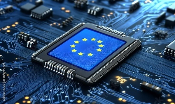 Fototapeta EU Digital Sovereignty:  A Microchip Displaying the European Flag on a Circuit Board