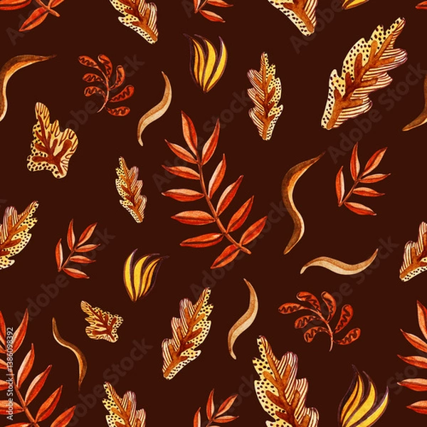 Fototapeta Watercolour falling stylisation pattern. Autumn leaves. Palm and oak leaves
