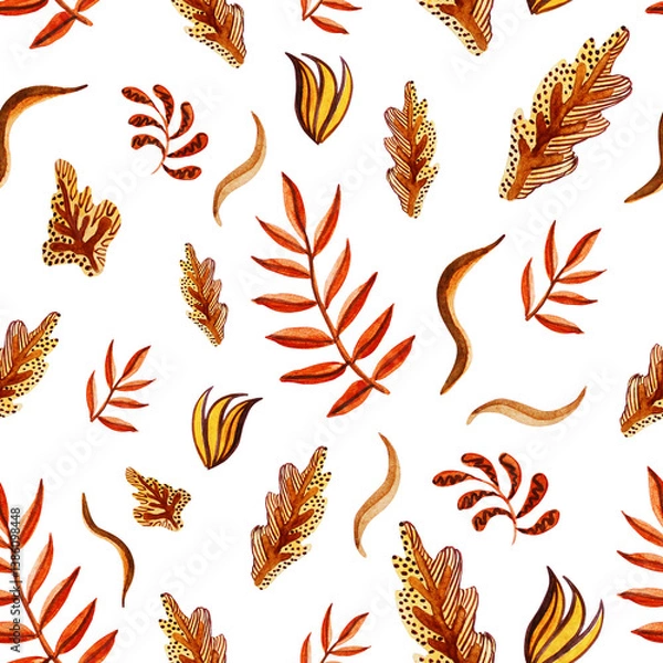 Fototapeta Watercolour falling stylisation pattern. Autumn leaves. Palm and oak leaves
