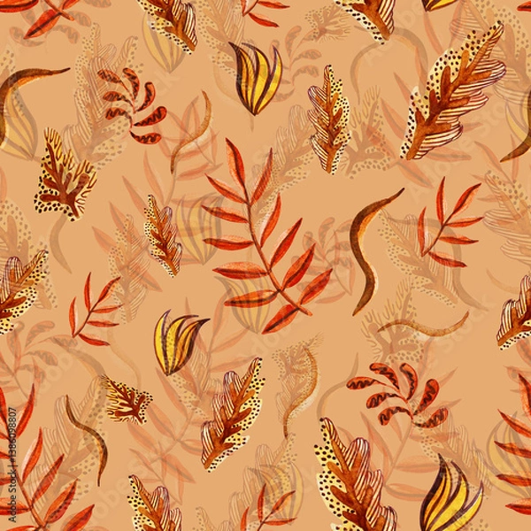 Fototapeta Watercolour falling stylisation pattern. Autumn leaves. Palm and oak leaves