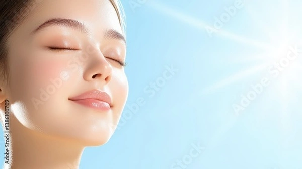 Obraz Sunkissed serenity, woman's portrait with closed eyes, embracing the golden glow