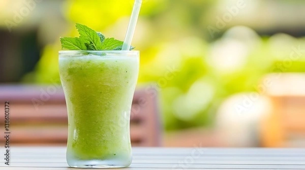 Fototapeta Refreshing green smoothie topped with fresh mint leaves in a clear glass, placed on a wooden table with a blurred green background