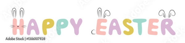 Obraz happy easter lettering with bunny ears, hand drawn letters with cute details isolated on white background, vector illustration, design element for greeting cards, easter decoration, banner, poster