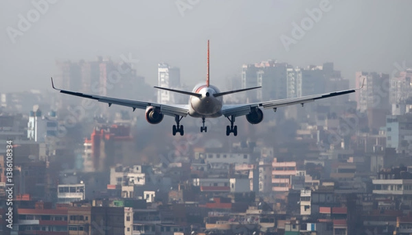 Fototapeta Low angle view of plane flying over buildings in city