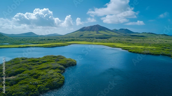 Fototapeta Scenic Drone View: Tranquil Mountain Landscape with Pristine Lake Reflection under Blue Sky