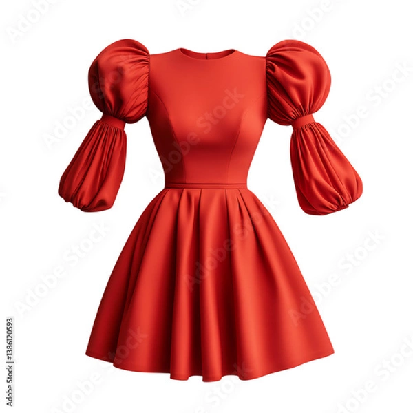 Fototapeta A Bold Red Midi Dress with Puff Sleeves and Bow Isolated on Transparent Background