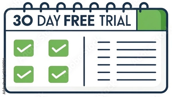 Fototapeta free trial 30 day vector with a flat checklist design, highlighted with green ticks and clean lines.