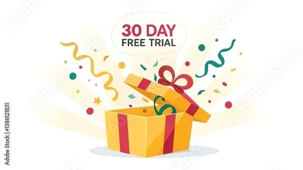 Fototapeta free trial 30 day vector showing a cheerful gift box opening with confetti in bright, festive colors.