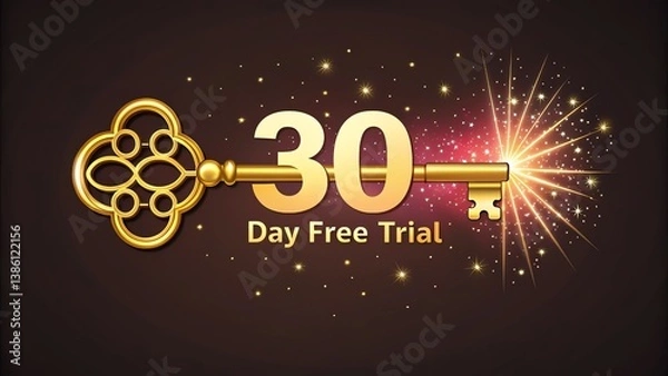 Fototapeta free trial 30 day vector of a golden key unlocking a promotional offer with sparkling effects.