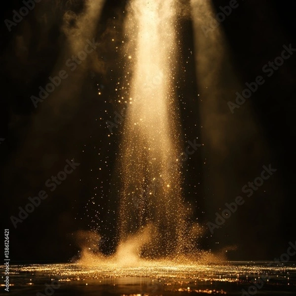 Fototapeta Dramatic golden light beam illuminating shimmering particles on dark background creating ethereal atmosphere