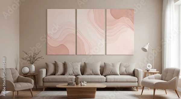 Fototapeta Blush Pink Abstract Triptych Canvas Art in Modern Living Room AI Generated