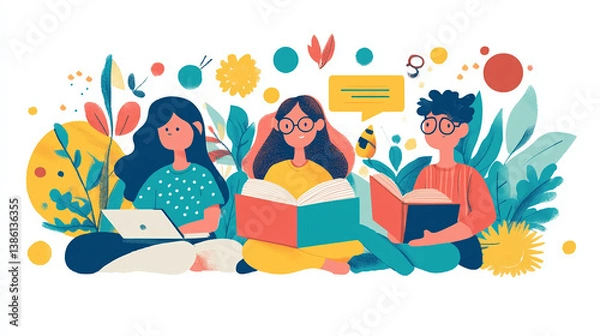 Fototapeta Illustration of students studying together with books and laptop for education concept design art 100