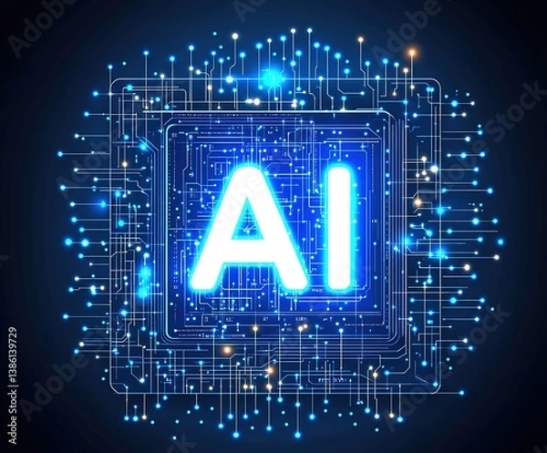 Obraz Glowing AI microchip illustration on digital blue circuit board · Futuristic technology background for artificial intelligence, data science, machine learning or innovation design themes.