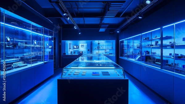 Fototapeta Modern production line in the factory of microchips and semiconductors, high-tech atmosphere with blue lighting, large glass display case for products. Ai generated