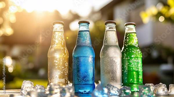 Fototapeta Three bottles of blue, white, and green soda with ice cubes on the table in front of their houses, with a light background and an outdoor scenery style. Ai generated