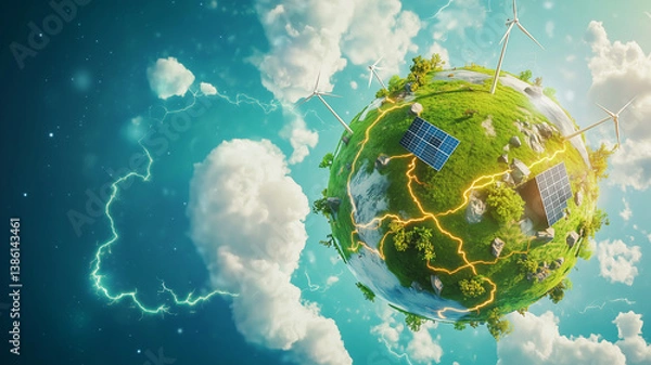 Obraz Tiny planet with wind turbines and solar panels, green grassy surface, blue sky background, high-angle view, bright daylight. Ai generated