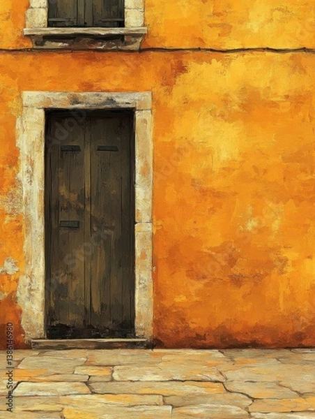 Fototapeta Rustic Charm of an Old World Doorway with Textured Orange Wall and Stone Path in Artistic Style