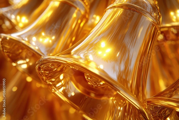 Fototapeta Bunch of golden bells hanging from a red ribbon on a rustic wooden door.