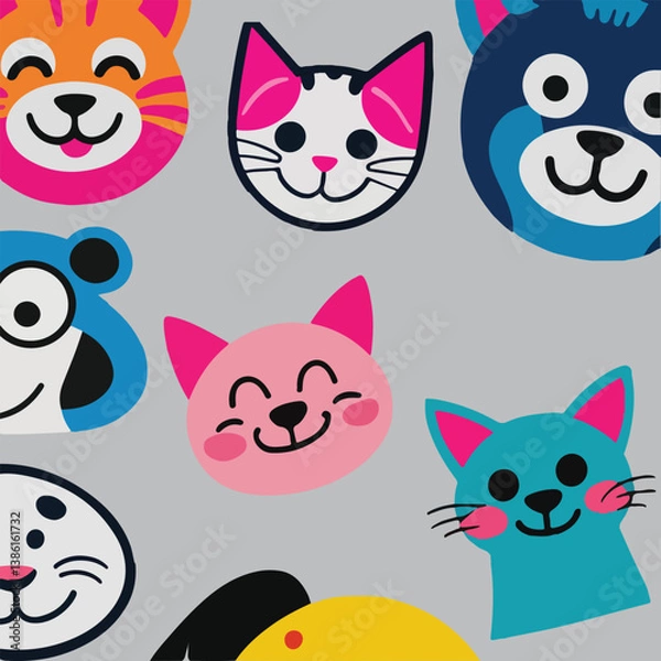 Obraz Multiple Animals Stickers, Multiple Cat sticker , multiple dog sticker , multiple monkey stickers.. 