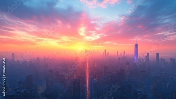 Fototapeta Sunset Over a Modern Cityscape with Vibrant Skies and Illuminated Structures