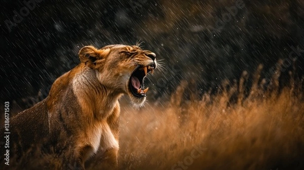 Fototapeta Powerful lioness roaring in a downpour