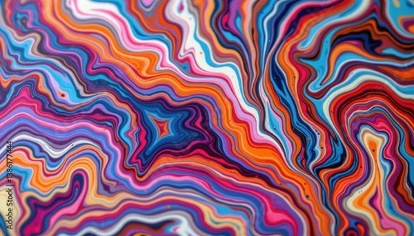 Fototapeta Close up of marbled paper, illustrating intricate swirling patterns and colors.