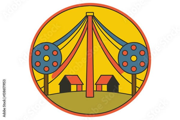 Fototapeta Colorful Rural Landscape Illustration With Maypole Buildings And Trees Inside Circle