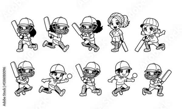 Obraz Kids cricket player outline vector illustration set