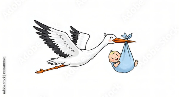 Fototapeta Whimsical Illustration of a Stork Flying Through the Sky, Carrying a Baby Wrapped in a Cloth Bundle, with Soft Colors and a Heartwarming Atmosphere of Baby Arrival
